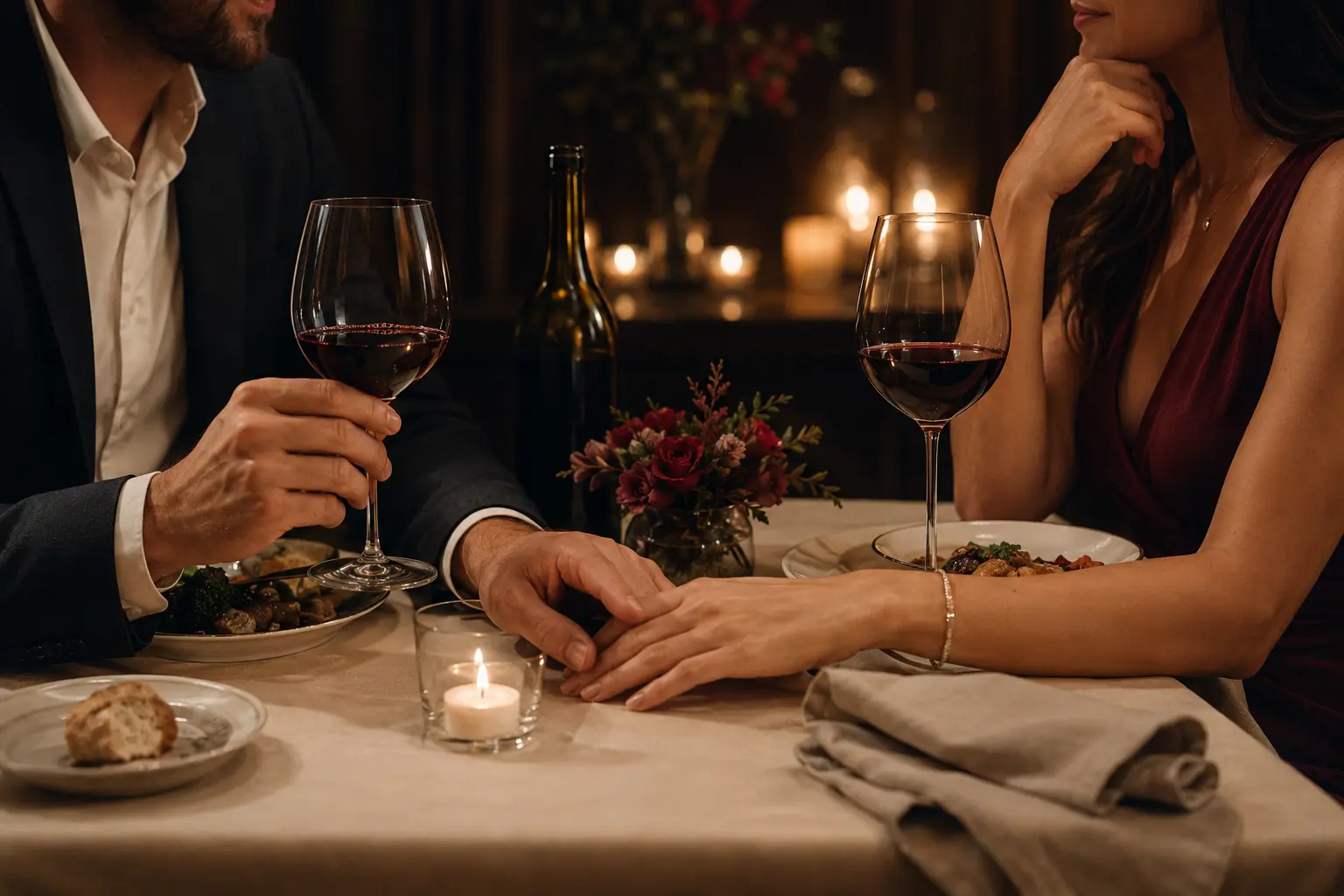 Jantar a dois com vinho, velas e atmosfera íntima